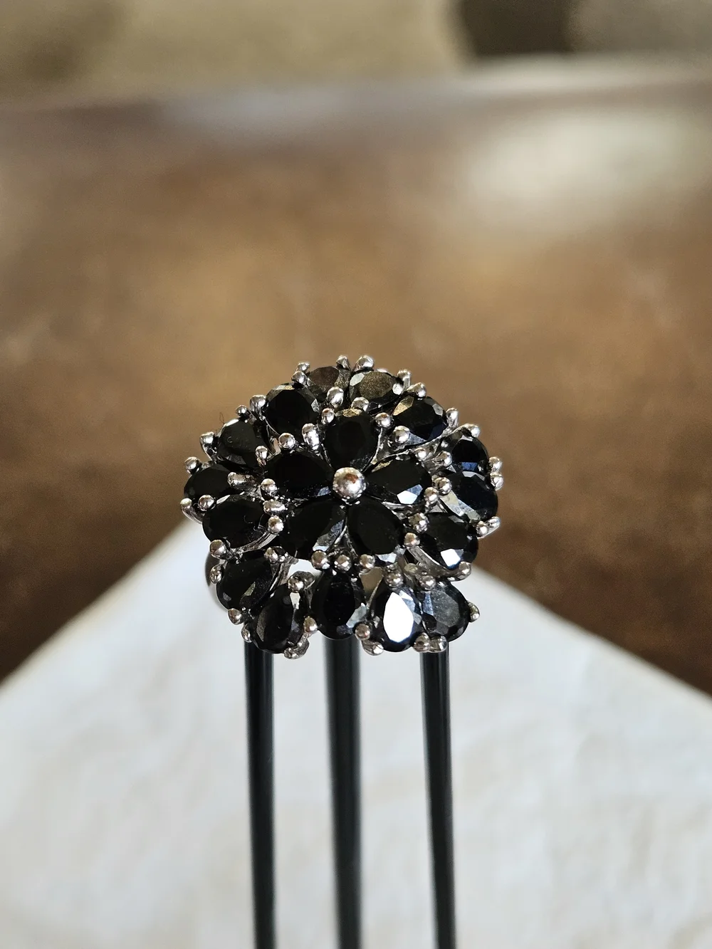 Silver Black Crystal Floral Cluster Ring